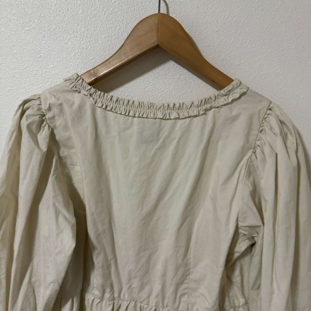 Gap Puff Sleeve Ruffle Neck Mini Dress Chino Beige Square Neck Pockets 2023-12 - Picture 9 of 12